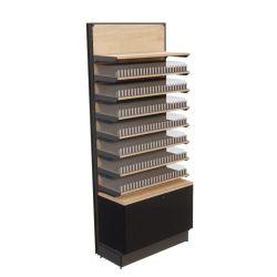 Meuble système POS pour vape, équipé de sept étagères, un tiroir, vue de face et couleur bois.