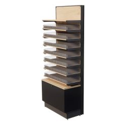 Meuble système POS pour vape, équipé de sept étagères, un tiroir, vue de côté et couleur bois.