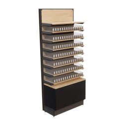 Meuble système POS tabac, équipé de sept étagères, un tiroir, vue de face et de couleur bois.