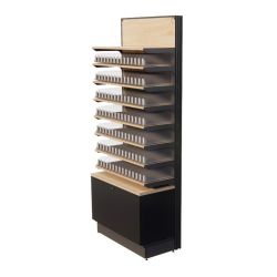 Meuble système POS tabac, équipé de sept étagères, un tiroir, vue de côté et de couleur bois.