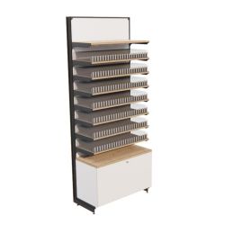 Meuble avec système POS vape - Base slim Meuble agencement tabac système POS vape, équipé de sept étagères, un tiroir vue de face couleur blanche