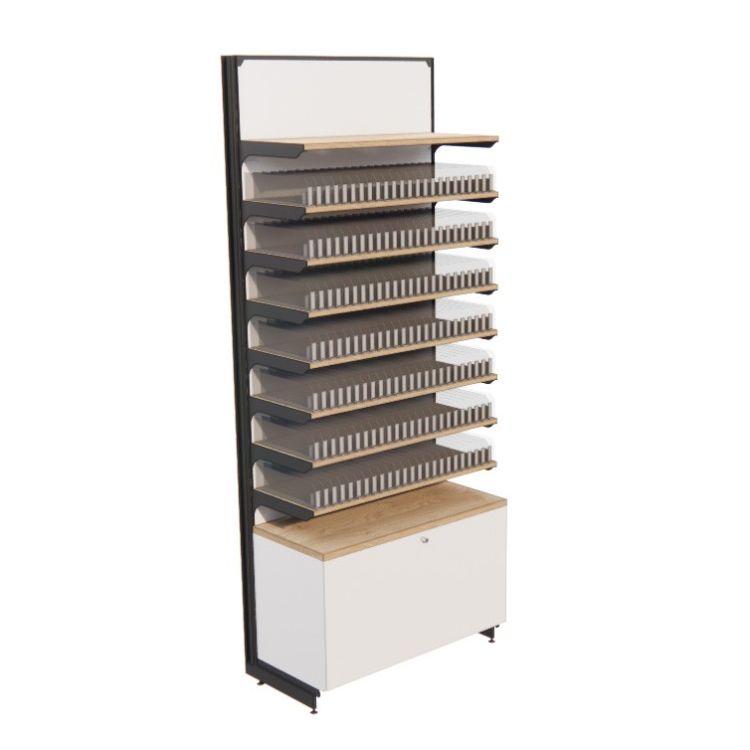 Meuble avec système POS vape - Base slim Meuble agencement tabac système POS vape, équipé de sept étagères, un tiroir vue de face couleur blanche