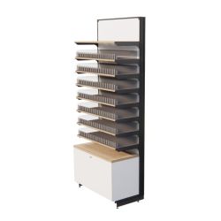 Meuble avec système POS vape - Base slim Meuble agencement tabac système POS vape, équipé de sept étagères, un tiroir vue côté couleur blanche