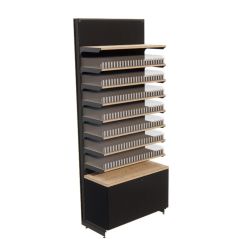 Meuble agencement tabac système POS vape, équipé de sept étagères, un tiroir vue face couleur noire