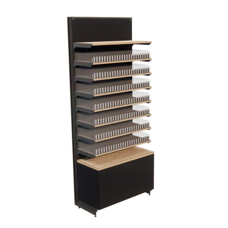 Meuble agencement tabac système POS vape, équipé de sept étagères, un tiroir vue face couleur noire