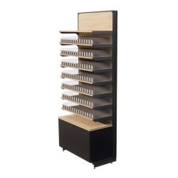 Meuble agencement tabac système POS cigarettes un tiroir, 7 étagères, vue de côté couleur bois