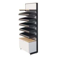 Meuble tabac avec système rouleaux un tiroir pour paquets de cigarettes, 5 étagères, vue de côté couleur blanche