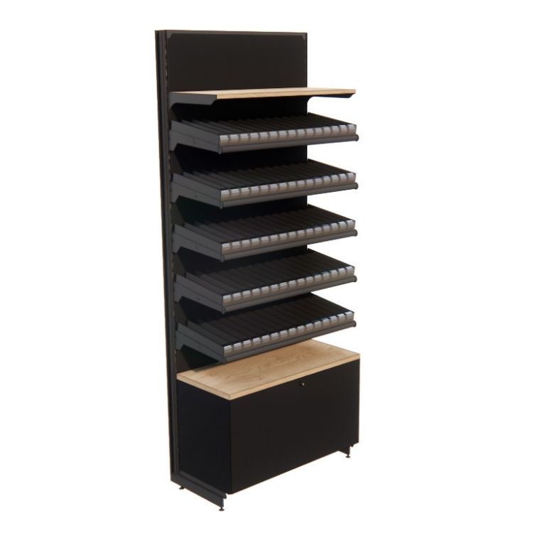 Meuble tabac avec système rouleaux un tiroir pour paquets de cigarettes, 5 étagères, vue de face couleur noire