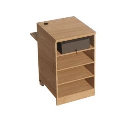 Meuble caisse avec tablette PMR, vue côté commerçant, de couleur bois.