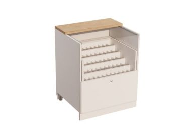 Meuble distributeur de paquets de cigarettes, vue côté client, de couleur blanche.