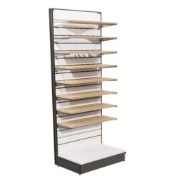 Étagère bois pour fond multilames de couleur bois montée sur meuble adapté fond multilames